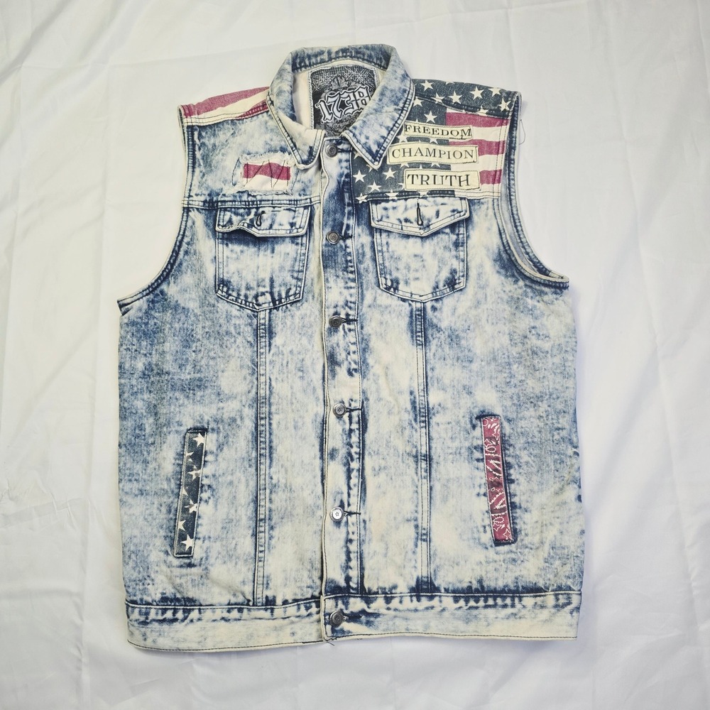 1738 Men's Acid Wash Denim Vest Large Blue American Flag Freedom V13